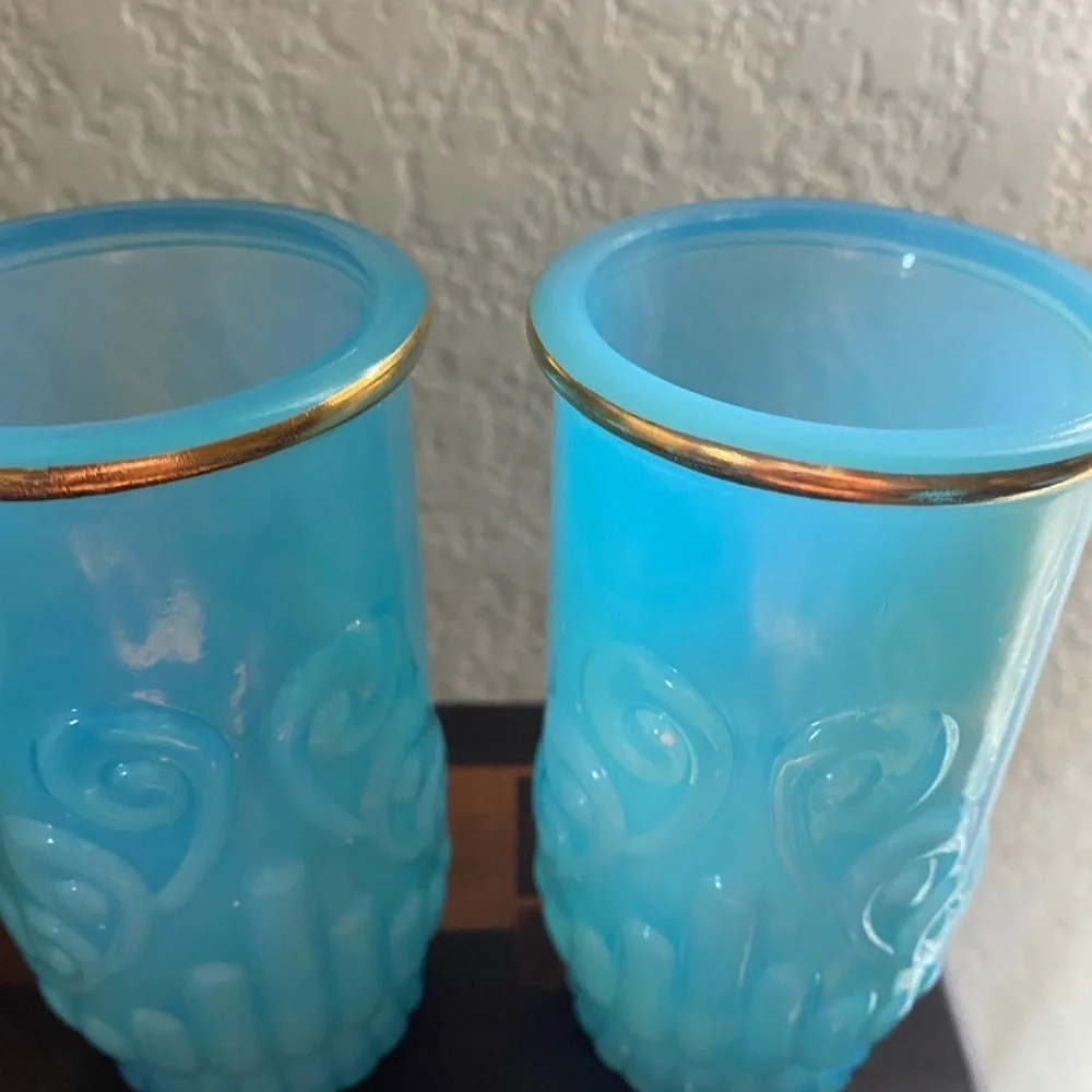 2 Vintage Avon Bristol Blue Milk Glass Embossed Art Deco Scroll Vanity Vases 5”